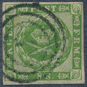 1858. 8 sk. grøn. Smukt bredrandet mærke med nr.stempel 1. AFA 1400