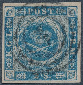 1854. 2 sk. blå. Smukt bredrandet mærke med nr.stempel 1.