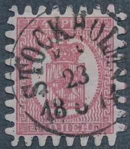 1866. 50 p. rosa. Pragteksemplar med perfekt takning og retvendt svensk stempel STOCKHOLM 23.6.1874