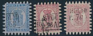 1866. 20 p. blå og 40 p. rosa. 3 særdeles smukke mærker ann. med rammestempler STOCKHOLM