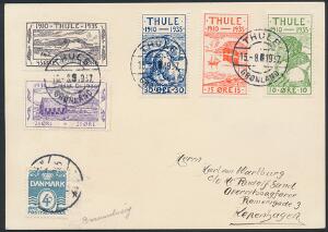 Thule. 1937. Komplet sæt på kort sendt fra THULE 15.8.1937, til Danmark. I københvn opfrankeret med 4 øre, blå og stemplet i KØBENHAVN. Blækkryds ved siden af m