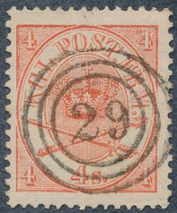 1864. 4 sk. rød. PRAGT-mærke med nr.stempel 29 Holstebro.