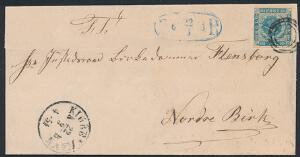 1854. 2 sk. blå. Smukt Fodpostbrev, annulleret med nr.stempel 1, og sendt til Nordre Birk.