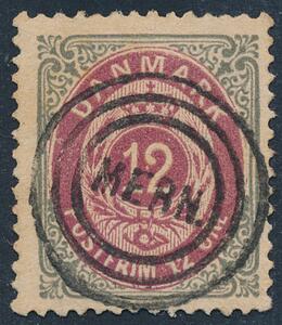 1875. 12 øre violet. Tk.14. LUXUS-mærke med knivskarpt stempel MERN.