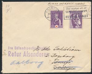 1942. Omadresseret brev til Sverige med violet liniestempel Fra Udlandspostkontrollen Retur Afsenderen.