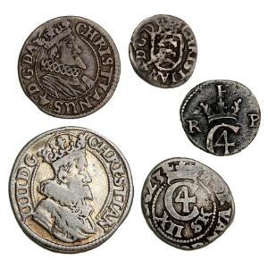Christian IV, 12 krone 1624, 12 skilling 1623, 8 skilling 1622, 6 skilling 1628, 2 skilling 1632, H 128, 121, 122, 140A, 143, i alt 5 stk.