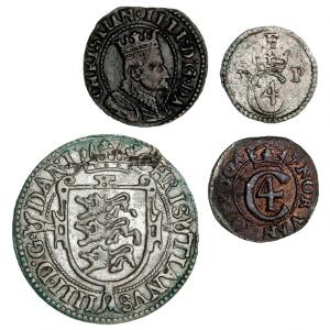 Christian IV, hvid 1624, søsling u. år, skilling 1620, 2 skilling 1603, H 137, 81, 119C, 79A, i alt 4 stk.