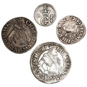 Christian IV, 8 skilling 1620, 1624, mark 1608, 1617, H 114A, 133, 95A, 99C, i alt 4 stk.