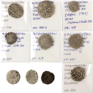 Afghanistan, lille samling af ældre 12 og 1 Rupee mønter fra bl.a. Herat og Kabul, i alt 10 stk. i varierende kvalitet med hovedparten beskrevet efter KM