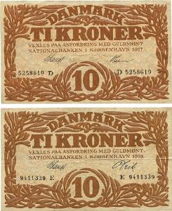 10 kr 1917 D, Nr. 5258619, V. Lange  Olsen, 10 kr 1919 E, Nr. 9411339, V. Lange  Olrik, Sieg 103, DOP 114, Pick 21, 2 stk.