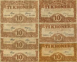 10 kr 1913, 1919 E, 1920 E blækskrift, 1922 I, 1924 K, 1925 K 1928 O, Sieg 103, DOP 114, Pick 21, i alt 7 stk.