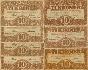 10 kr 1913, 1919 E, 1920 E blækskrift, 1922 I, 1924 K, 1925 K 1928 O, Sieg 103, DOP 114, Pick 21, i alt 7 stk.