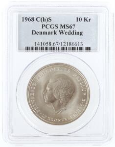 Erindringsmønt, 10 kr 1968 graded MS 67 by PCGS