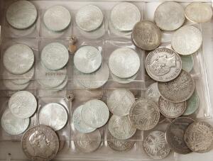 Tyskland, samling af sølvmønter, bl.a. en hel del 5 og 10 Mark mønter samt ældre mønter, i alt 67 stk., hvoraf de 6 stk. er i sølv