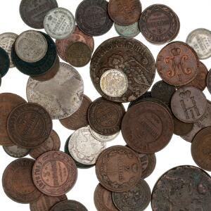 Rusland, samling på 52 sølv- og kobbermønter, 18. - 19. århundrede, inkl. Elisabeth, Rubel, årstal ulæseligt.