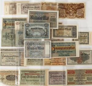 Tyskland, Baden og Bayern, 1900 - 1923, samling på 28 pengesedler, heraf 27 forskellige.