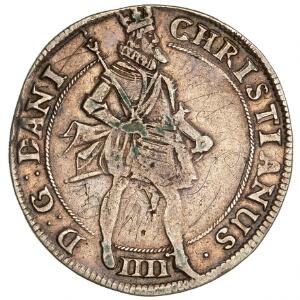 Christian IV, krone 1619, H 106A, svag graffiti etc. især på adv.