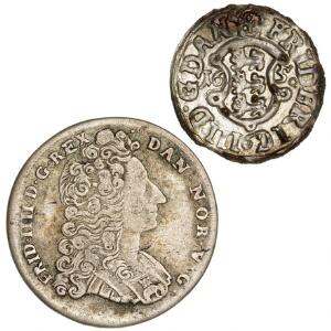 Frederik IV, 16 skilling 1715, H 47 kval. 1 samt Frederik III, 2 skilling 1650, H 124 01, nogen tæring, i alt 2 stk.