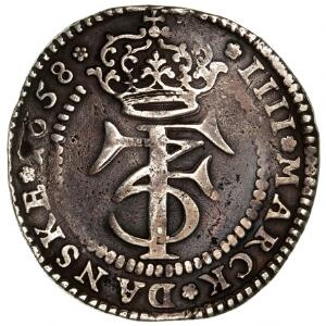 Frederik III, 4 mark  krone 1658, H 95A, Aagaard 70, mørk patina, let bøjet