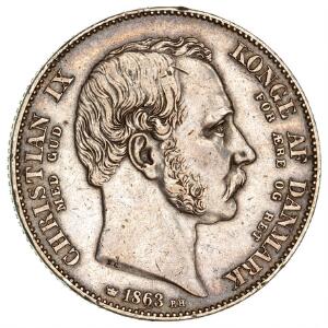 Christian IX, 2 rigsdaler 1863 RH Tronskiftespecie, H 3, let renset og med kanthak