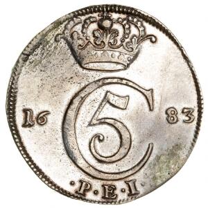 Norge, Christian V, Christiania, 4 mark  krone 1683, NM 77, H 55, pudset og med monteringsspor