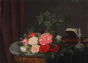 Dansk maler, 19. årh. Opstilling med roser, bøger og karaffel. Usigneret. Olie på lærred. 47 x 64.