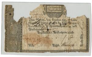 100 rigsbankdaler 1813, No. ..., Sieg 69, Pick A52, store papirmangler og gennembrud, blækskrift på forsiden, repareret på bagsiden, sjælden seddel
