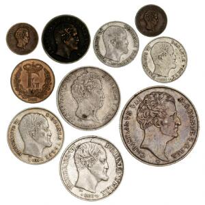 Lille samling af mønter fra Frederik VII og Frederik VIII, i alt 10 stk. hvoraf speciedaler 1846 VS er med monteringsspor