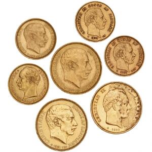 Samling af guldmønter fra Christian IX, Frederik VIII og Christian X, i alt 3 stk. 20 kr og 4 stk. 10 kr mønter, i alt 7 stk.