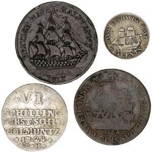 Dansk Vestindien, Fr. V, 24 sk. 1764, H 6 kobber, Fr. VII, 5 cents 1859, H 21. Schl. Holsten, 6 schilling 1724 samt England, 12 penny token 1812