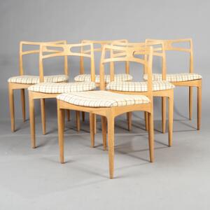 Johannes Andersen Sæt på seks stole af eg med lyst ternet uldbetræk i sæder. Model nr. 94. Udført hos Chr. Linneberg, Odder. 6