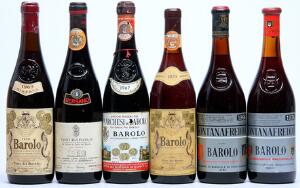 1 bt. Barolo, Marchesi di Barolo 1967 A-AB bn.  etc. Total 6 bts.