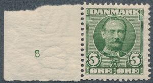 1907. Fr. VIII, 5 øre. Postfriskt enkeltmærke med lille oplagsnummer 8. Sjældent
