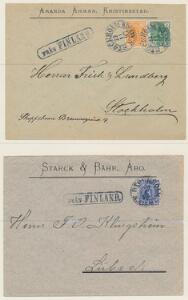 1897-1899. 2 meget smukke skibspostbreve til henholdsvis Stockholm og Lübeck. Begge annulleret i Sverige og FRÅN FINLAND. Pragtkvalitet