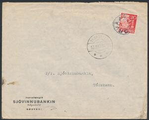1943. Karavel, 20 øre, rød på brev fra Sørvaag til Thorshavn 13.10.43. På bagsiden sort 2-liniestempel OPENED BY MILITARY CENSOR. Sjældent