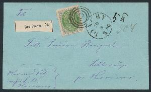 1870. 16 sk. grågrøn. Single på lille adressebrev til Horsens. Lille defekt i mærkets højre side