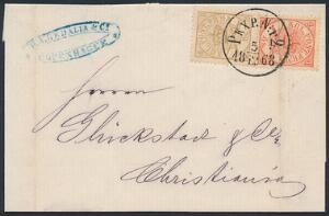 1864. 4 sk. rød og 8 sk. gulbrun. Lille brev fra København til Norge, sendt via Sverige og her ann. PKXP.Nr.2 5.12.1868. Udglattet fold over 4 sk.