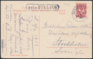 1913.  4 p. rød på brevkort annulleret med svensk stempel SUNDSVALL 5.6.1913 og liniestempel FRÅN FINLAND