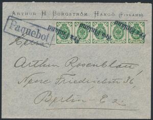 1906. Skibspostbrev fra Hangö via København til Berlin. Stemplet FRA FINLAND og PAQUEBOT