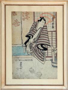 Tre japanske oban og to chuban træsnit i farver, Utagawa, Kunisada og Toykuni forestillende Kabuki scener. Ca. 1837. I ramme.  5