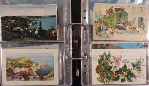 Postkort. Tykt ringbind fyldt med postkort fra mange forskellige lande, både gamle og nyere. Se fotoudsnit