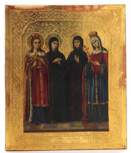 Russisk ikon forestillende fire kvindelige helgener på forgyldt baggrund. Ca. 1900. 27 x 22.