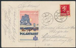1926. Løve, 20 øre rød på postkort fra Nordkap med POLARFAHRT mærkat