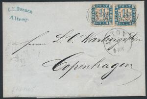 Schleswig-Holsten. 1864. 1 14 sch. blårød. Parstykke på smukt brev fra Altona til København