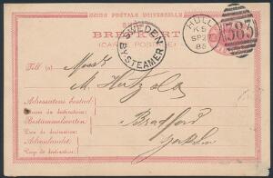 1885. Helsagskort, 10 öre, rød annulleret med nr.stempel 383 HULL og SWEDEN BY STRAMER