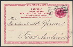 1894. Helsagskort, 10 öre, rød. Rammestempel Aus Schweden per Finland