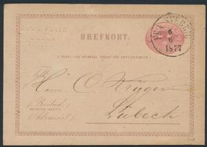 1877. Helsagskort, 10 öre, rød. Annulleret FRA SVERRIG 6.6.1877. Sjældent