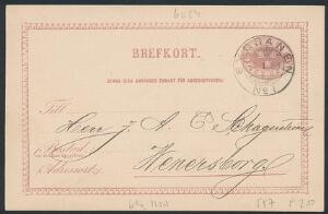 1883. Helsagskort, 6 öre, gråviolet. NORSK stempel SYDBANEN 4.1.1883