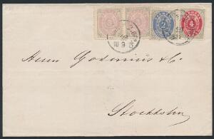 1870. 2 sk. gråblå, 3 sk. grålilla 2 og 4 sk. grårød. I alt 12 sk. på brev af 2.vægtklasse fra København til Stockholm annu med svensk stempel PKXP. No.2