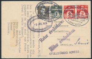 1936. Postkort afsendt med Kugle-posten fra SAMSØ til SVERIGE, returneret til afsenderen grundet OFULLSTÄNDIG ADRESS.